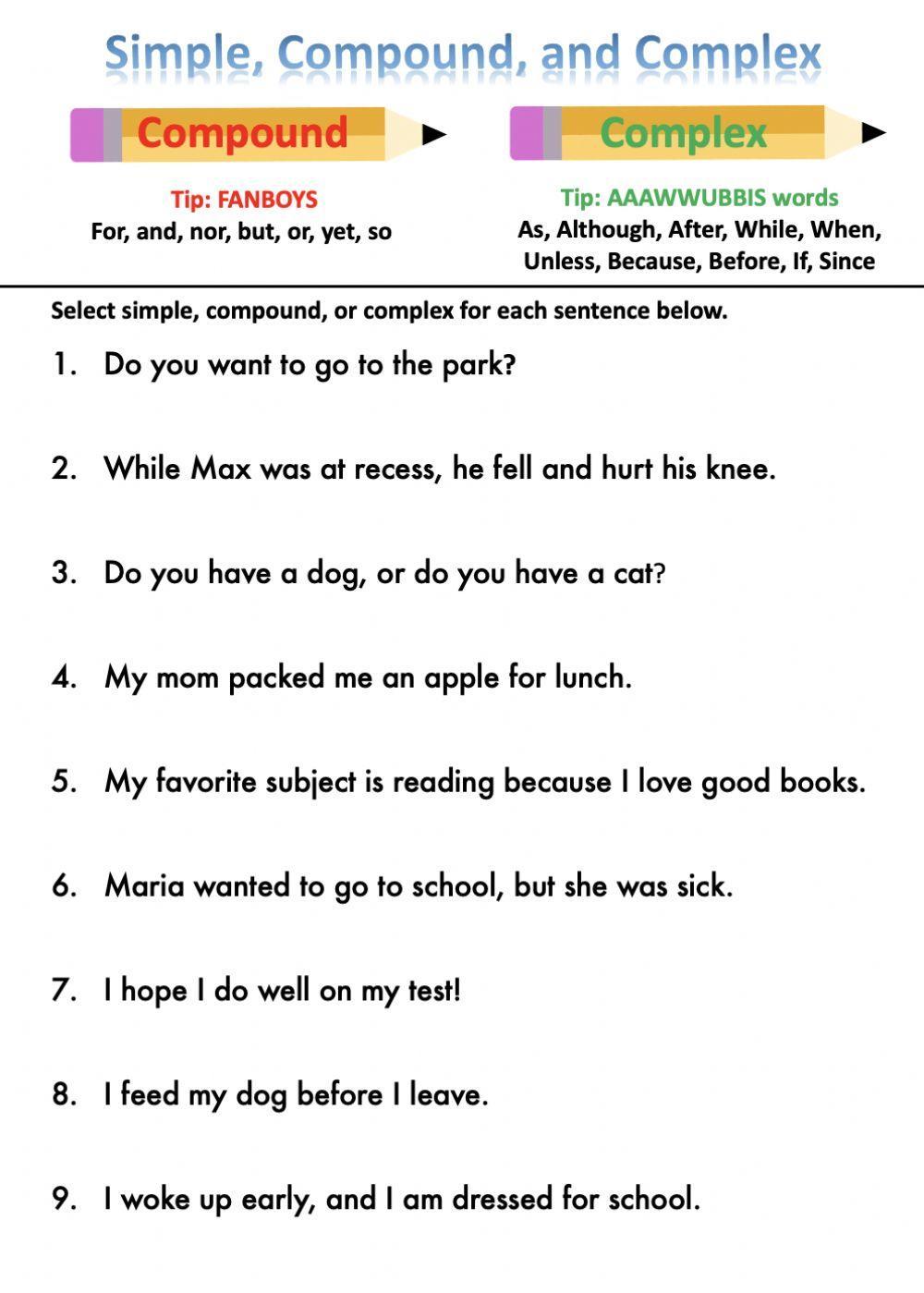 Simple Compound, &  Complex Sentences worksheet  