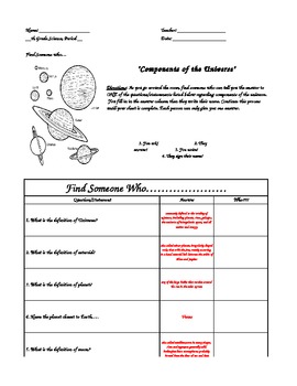 components of the universe worksheet