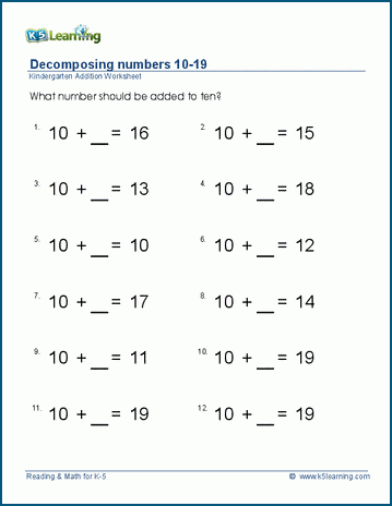 Decomposing teen numbers worksheets | Worsheets library