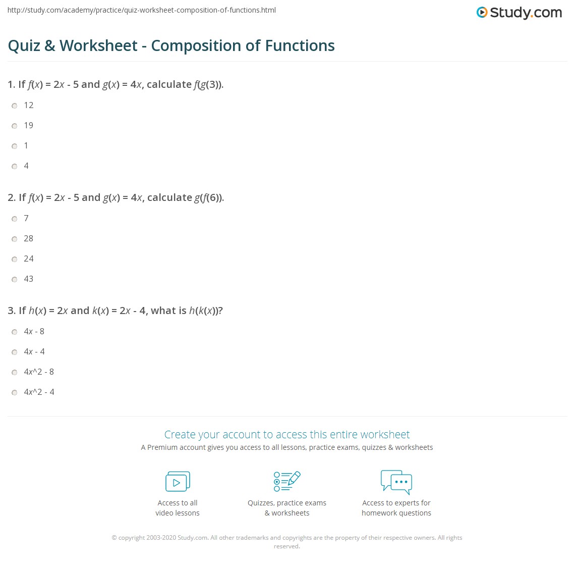 Quiz & Worksheet - Composition of Functions | Study.com - Worksheets ...
