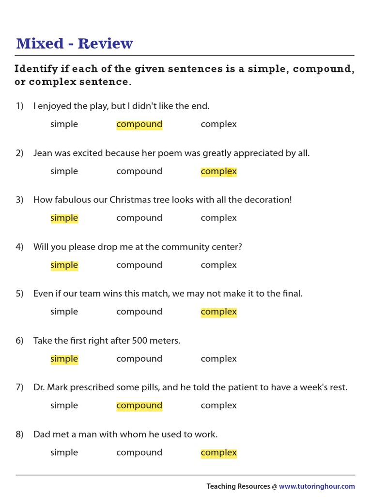 Practice # 2 Simple-Compound-Complex-Sentences | PDF