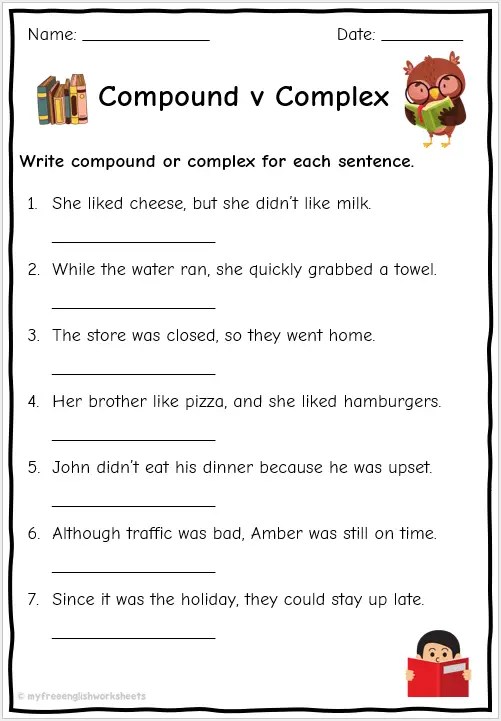 Compound and Complex Sentence Worksheets | Free English Worksheets