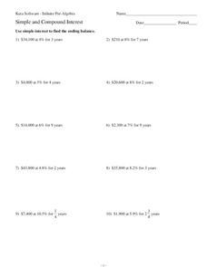 Simple and Compound Interest Worksheet for 8th - 10th Grade ...