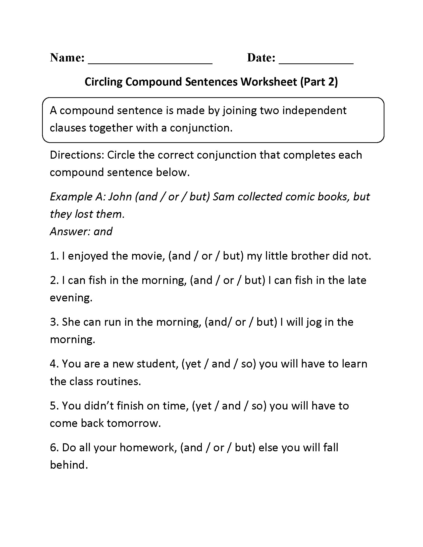compound sentence worksheet 2nd grade