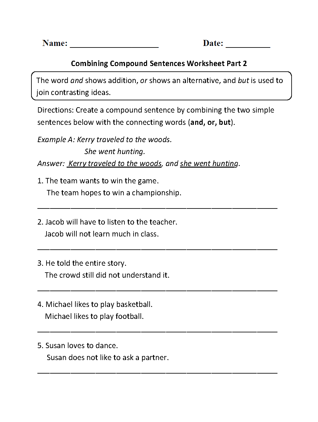Sentences Worksheetes | Compound Sentences Worksheets
