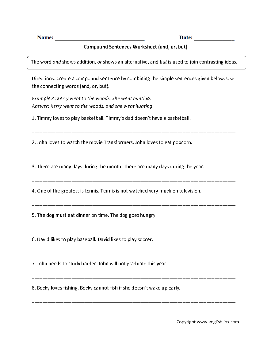 compound sentence worksheet 5th grade
