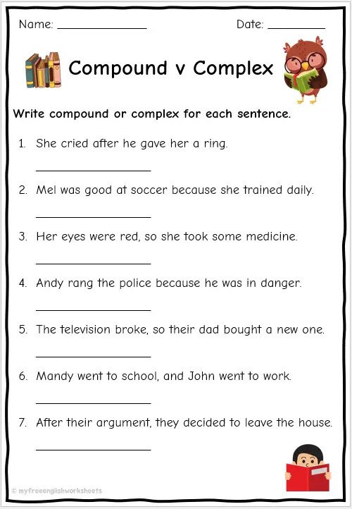 Compound and Complex Sentence Worksheets | Free English Worksheets