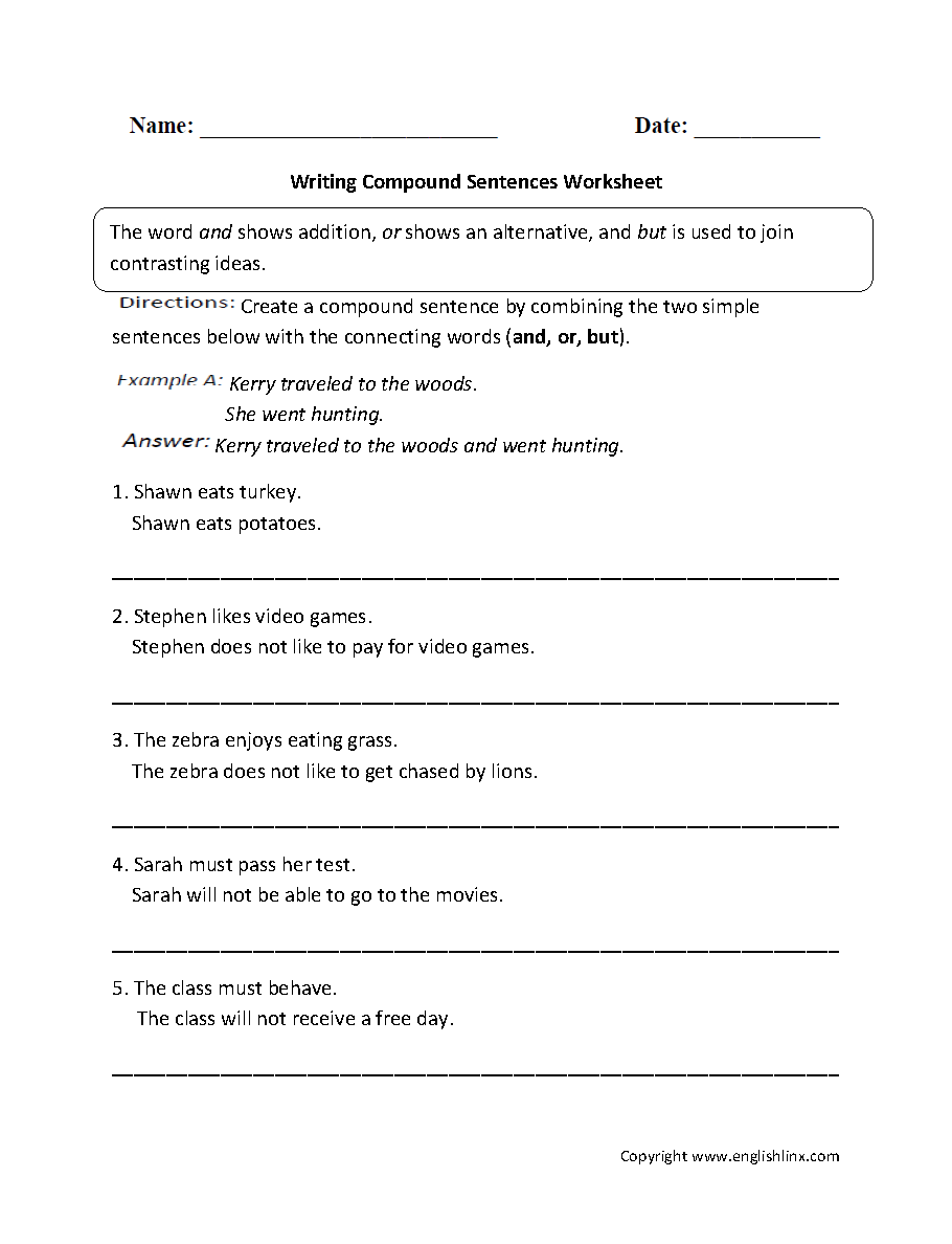 compound sentences worksheet printable