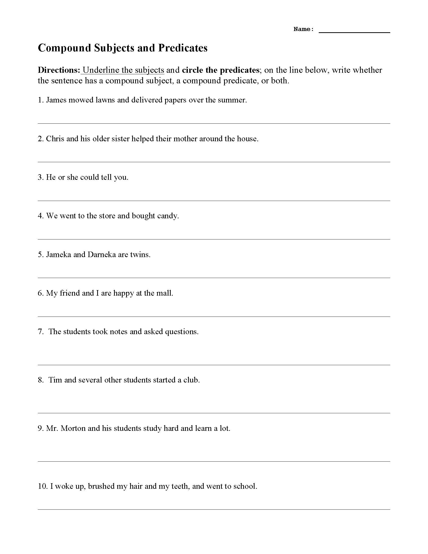 compound subjects worksheet