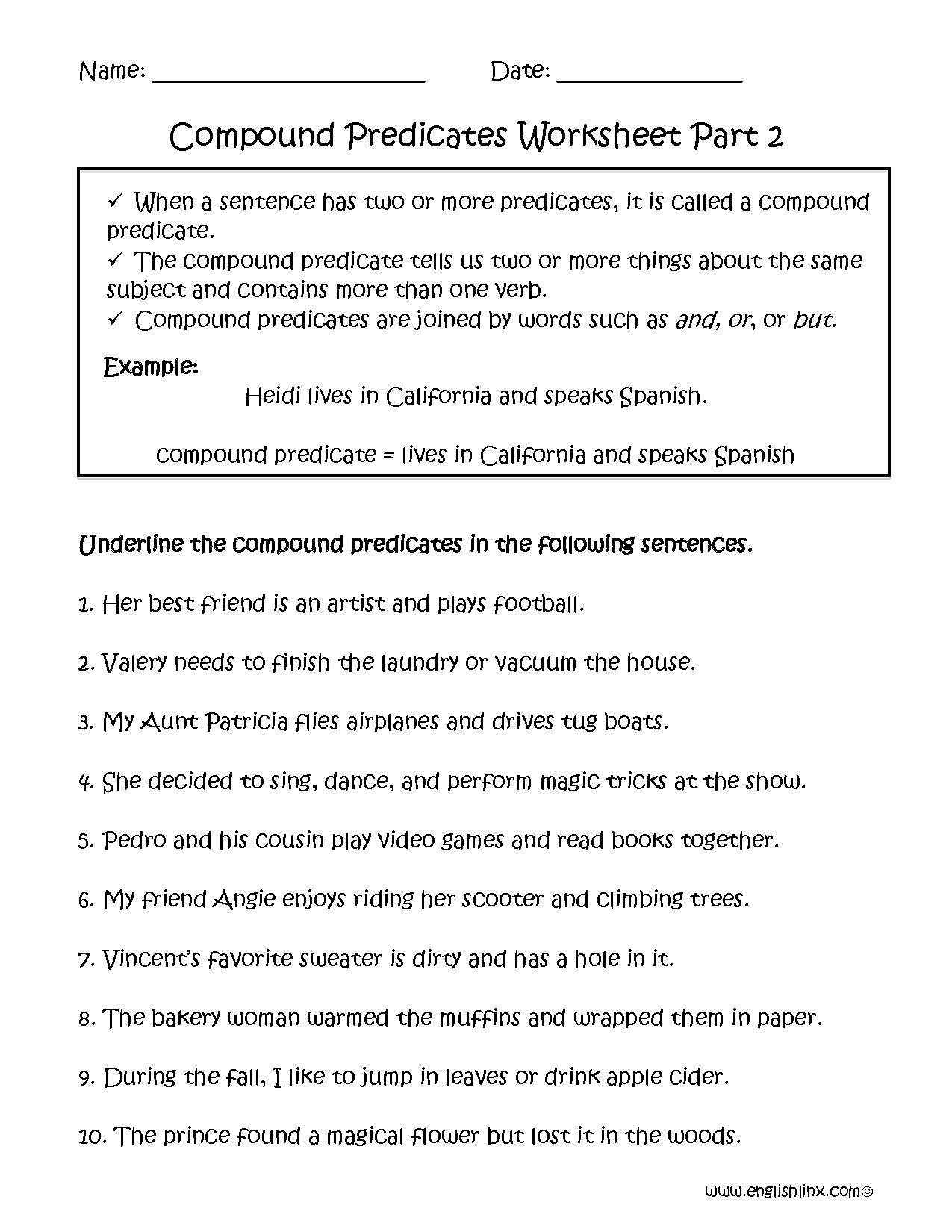 Subject and Predicate Worksheets | Compound Predicate Worksheet Part 2