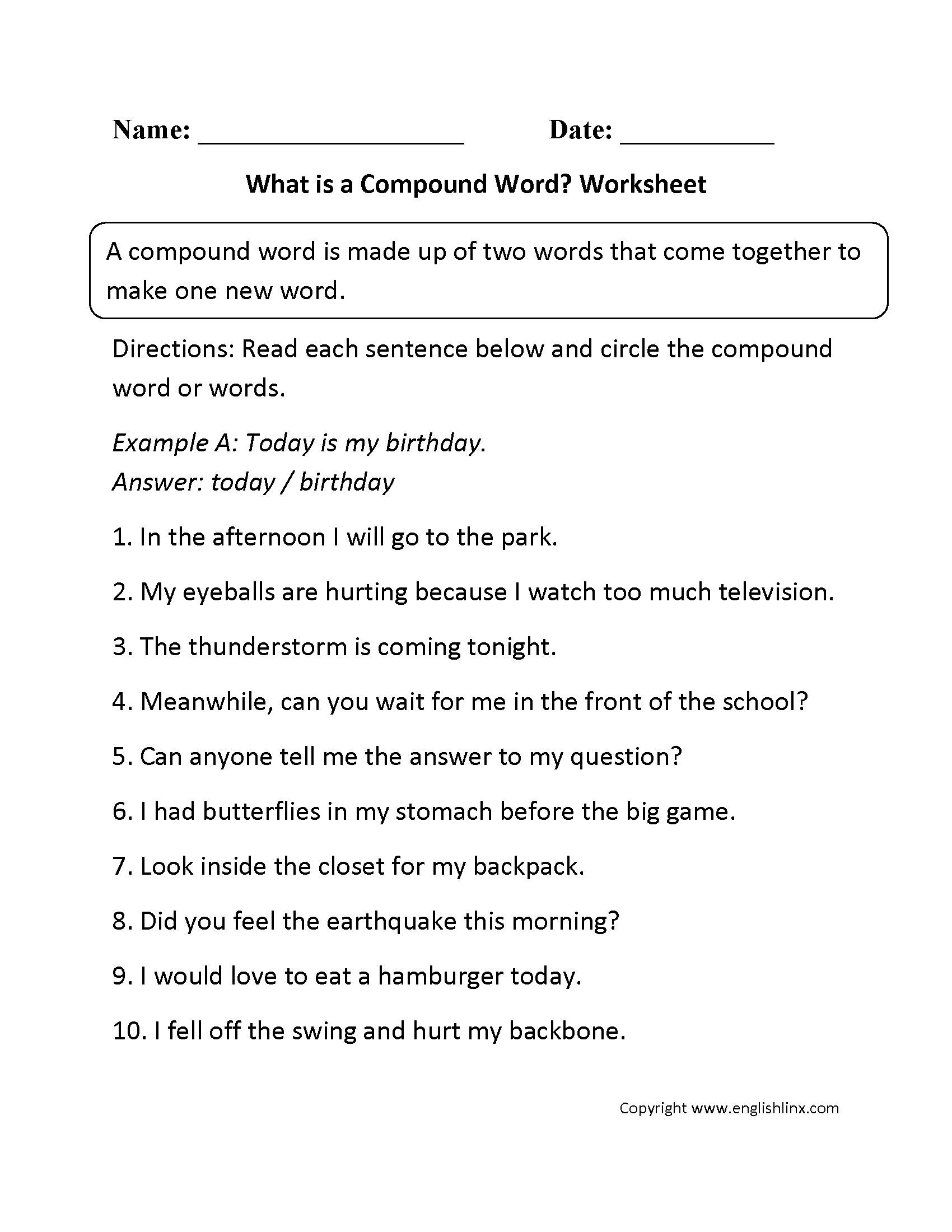 compound word worksheet 3rd grade
