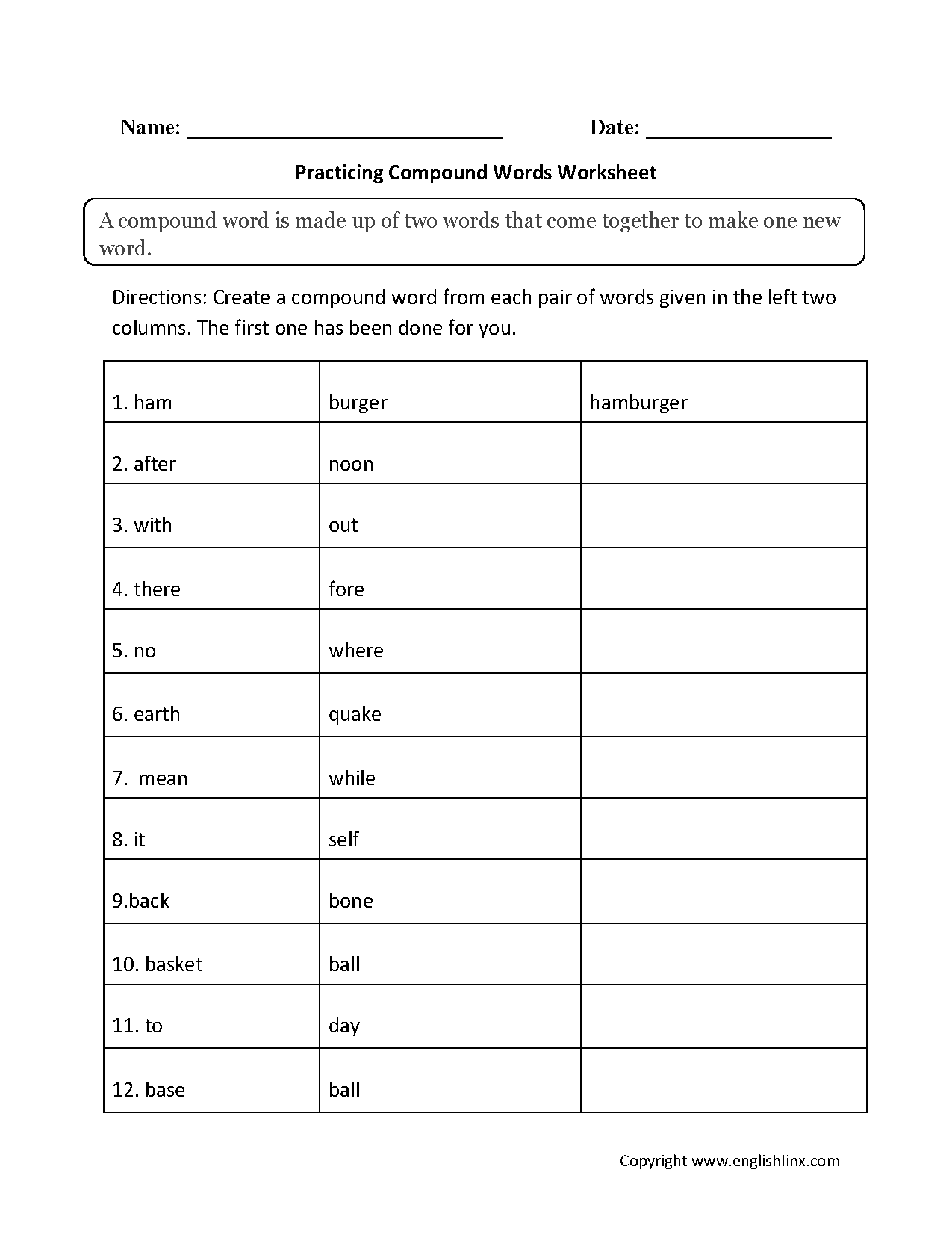 compound word worksheet 5th grade
