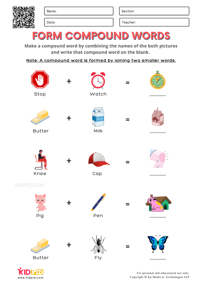 Form Compound Words Printable Worksheets for Grade 1 - Kidpid