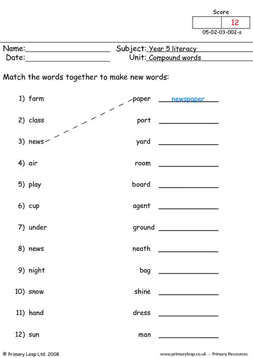 Literacy: Compound words 2 | Worksheet | PrimaryLeap.co.uk