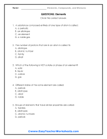 compounds and mixtures worksheet
