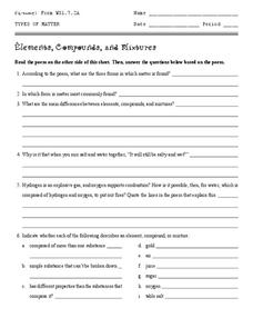Elements, Compounds, and Mixtures Worksheet for 6th - 10th Grade ...