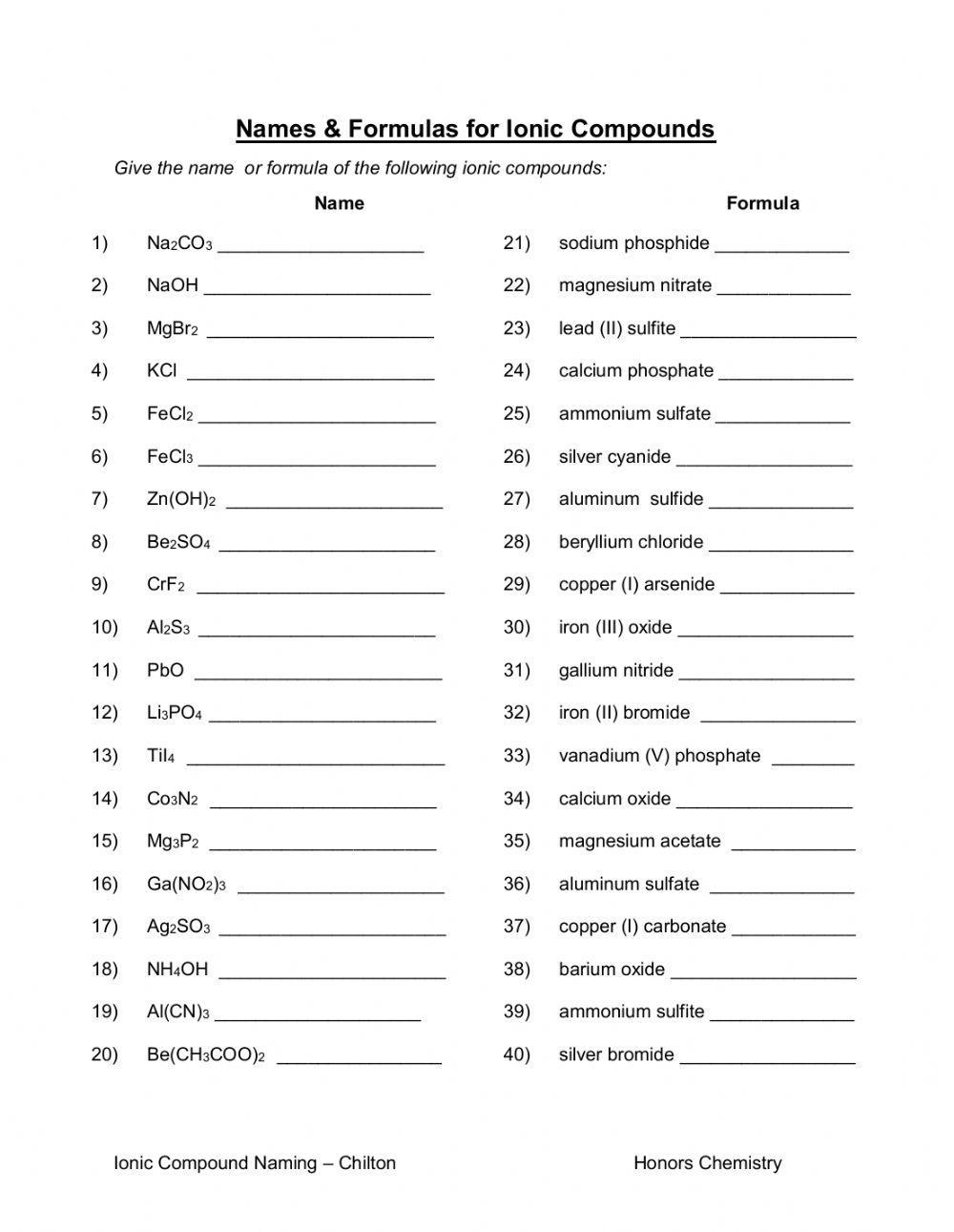 Naming and writing formulas for ionic compounds worksheet | Live ...
