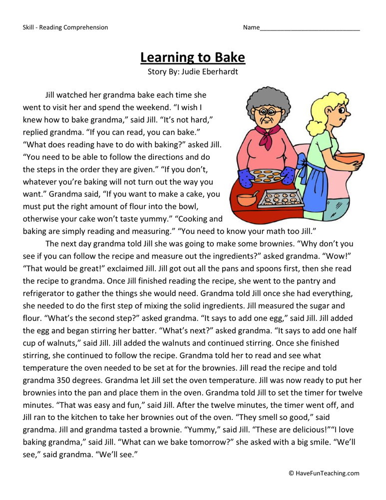 Reading Comprehension Worksheet - Learning to Bake