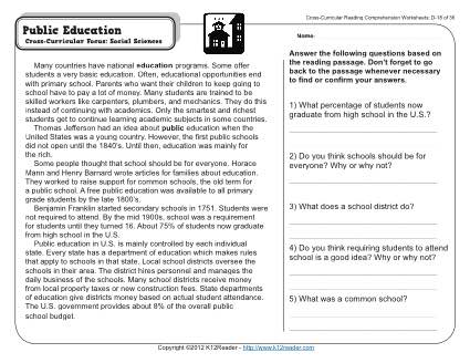 Public Education | 4th Grade Reading Comprehension Worksheet