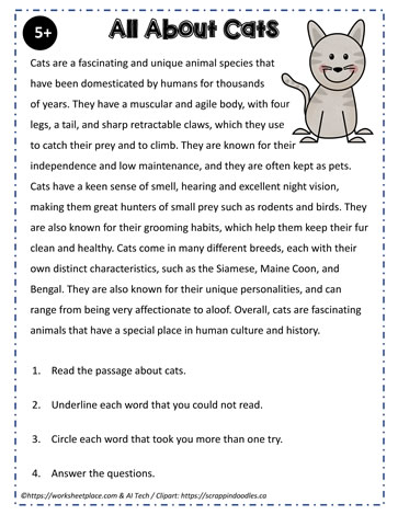 Reading Comprehension About Cats Worksheets