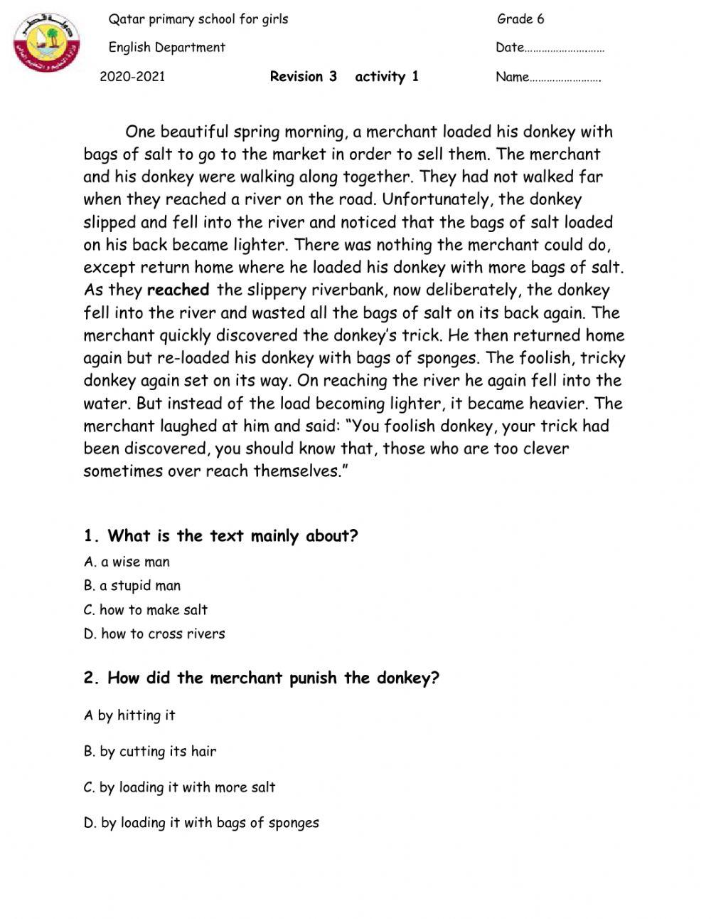 Reading comprehension online exercise for Grade 6  