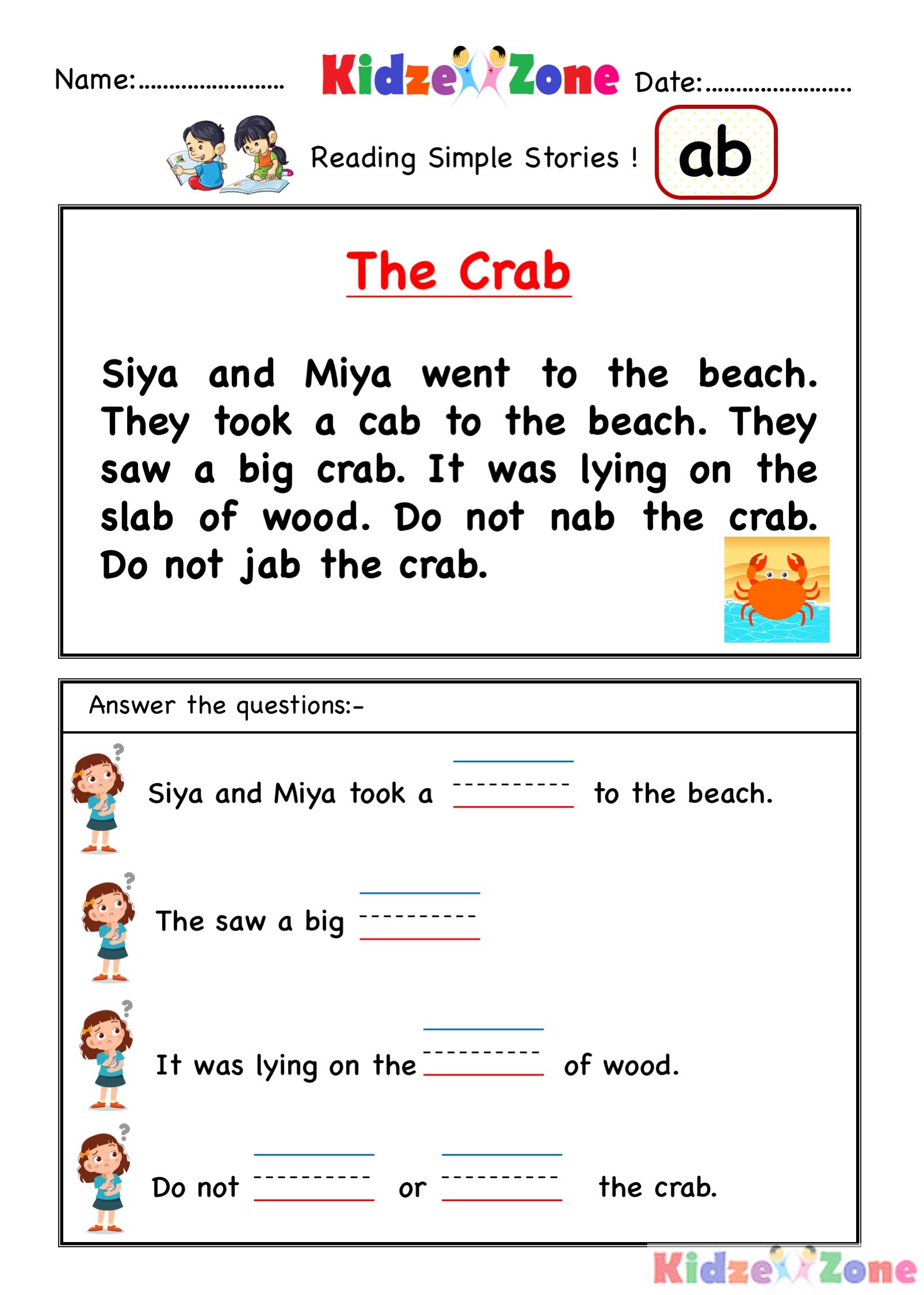Kindergarten ab word family Reading Comprehension