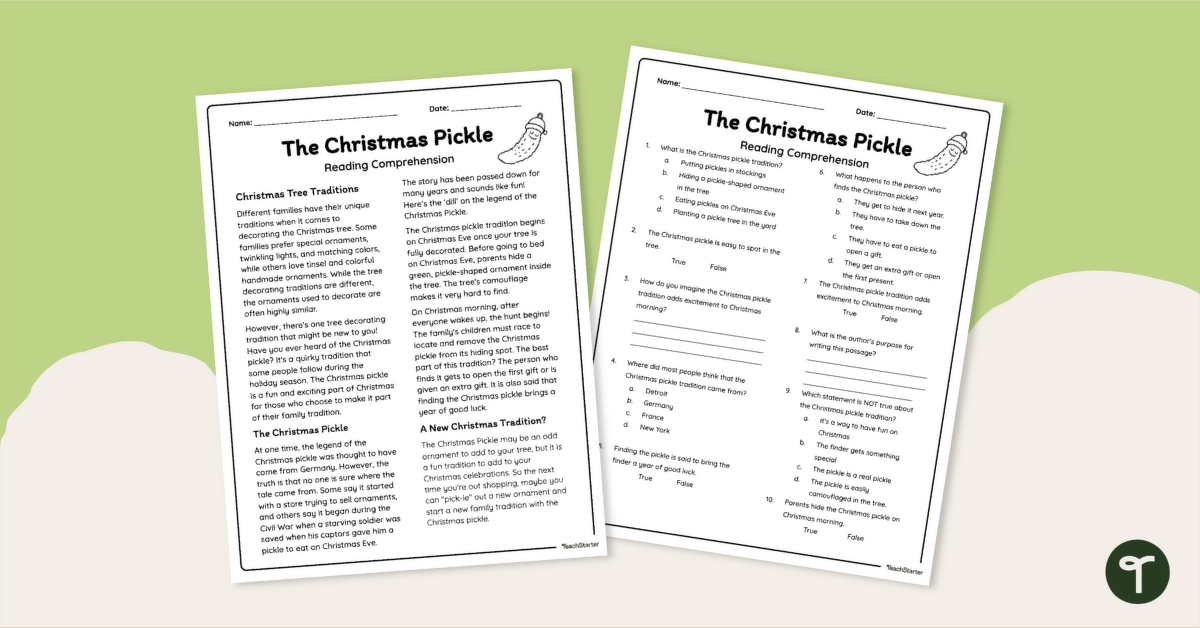 The Christmas Pickle Reading Comprehension Worksheet | Teach Starter