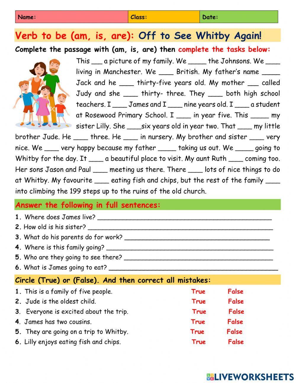 To Be Reading Comprehension WH questions worksheet  