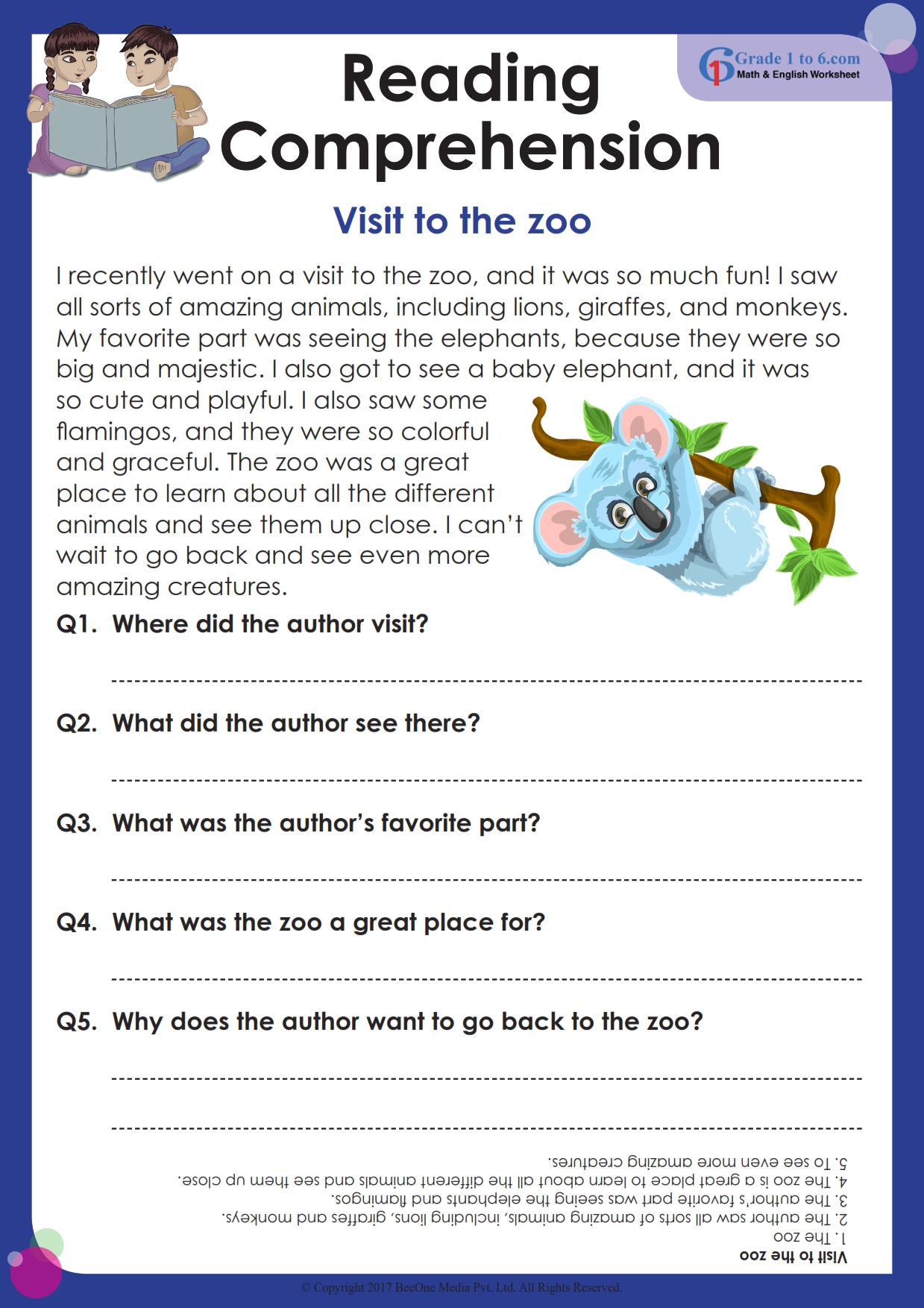 Reading Comprehension worksheet for Grade 1 | Grade1to6