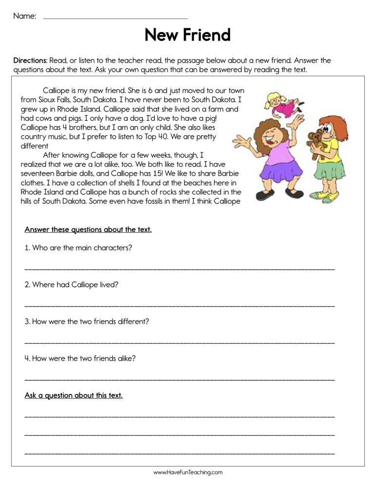 New Friend Reading Comprehension Worksheet  