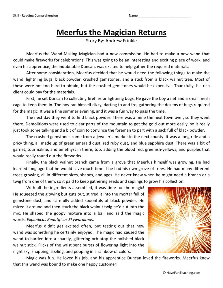 Reading Comprehension Worksheet - Meerfus the Magician Returns