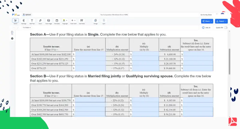 Fillable 2023 Tax Computation Worksheet (Form 1040) - PDFliner