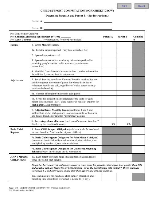 Child Support Computation Worksheet - Oregon Child Support ...