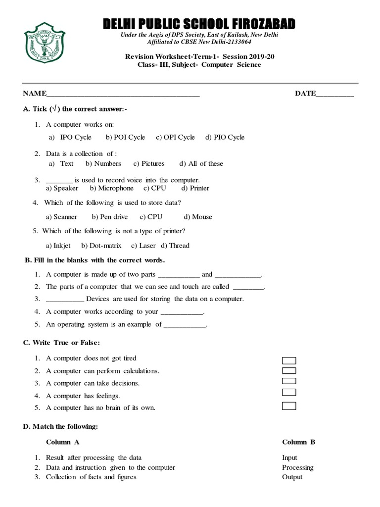 Delhi Public School Firozabad: Revision Worksheet-Term-1-Session ...