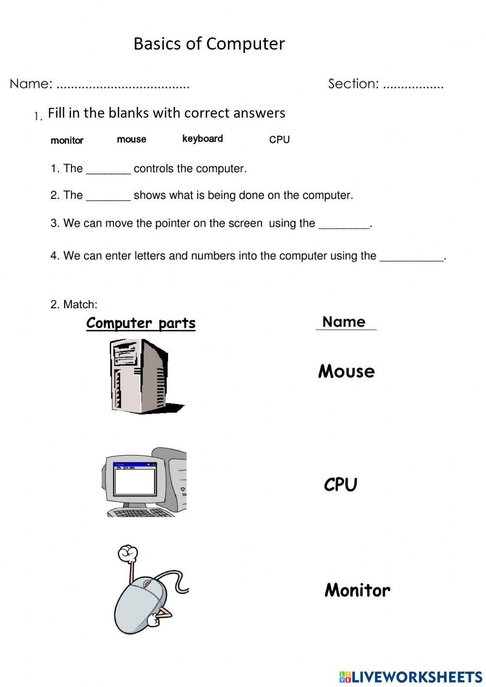 Computer basics worksheet for 1 | Live Worksheets - Worksheets Library