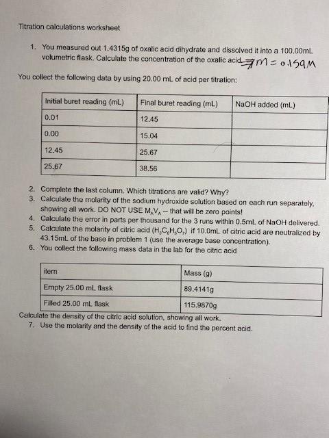 Solved Titration calculations worksheet 1. You measured out ...