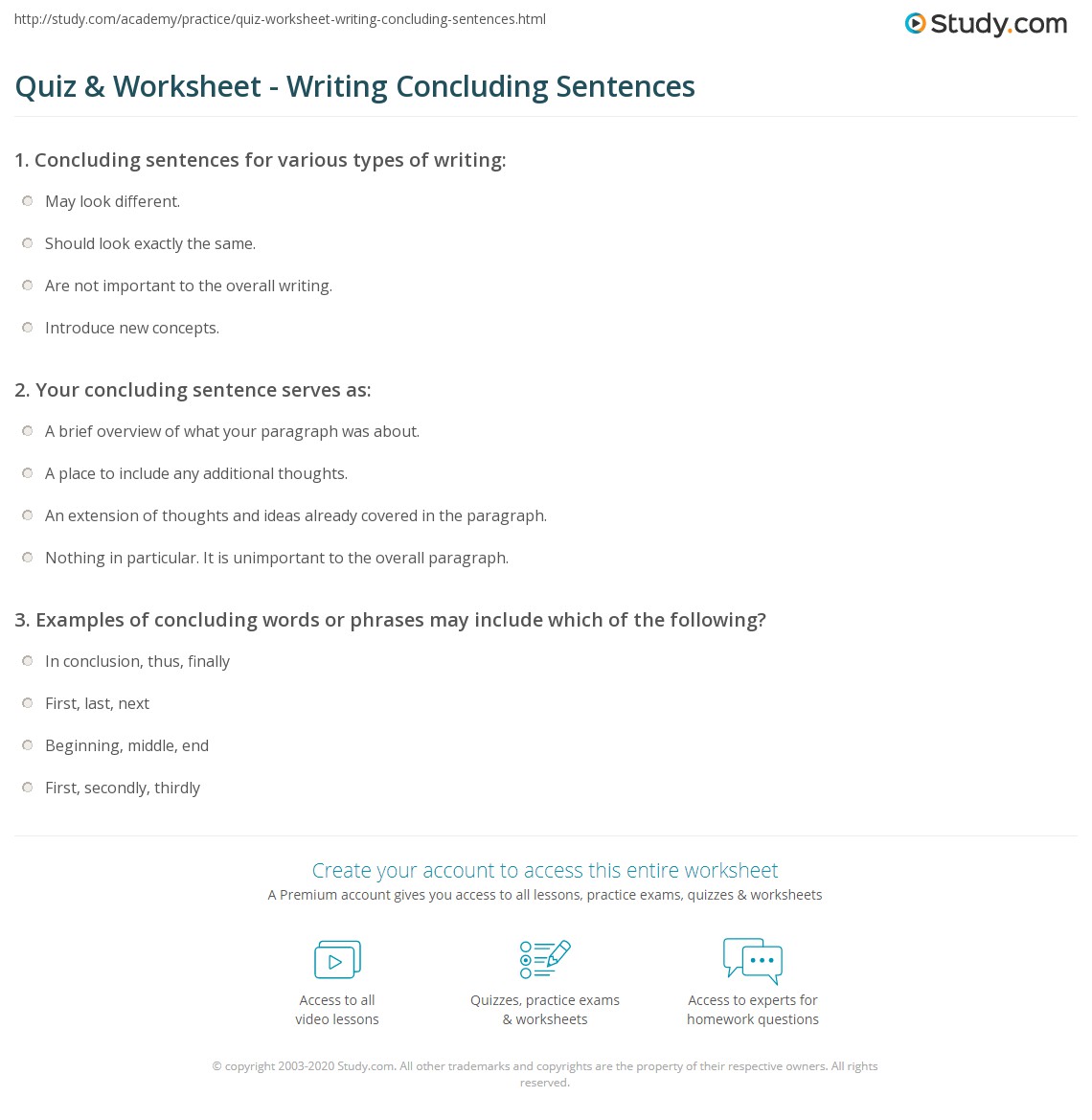 Quiz &  Worksheet - Writing Concluding Sentences | Study.com
