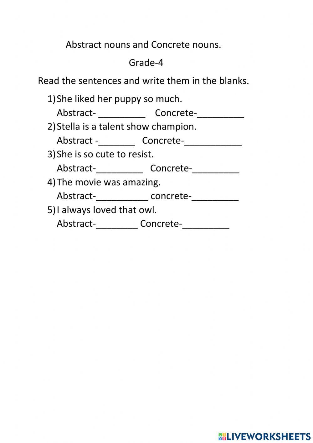 concrete abstract nouns worksheet