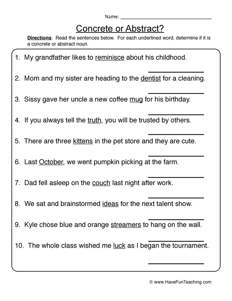 concrete and abstract nouns worksheet