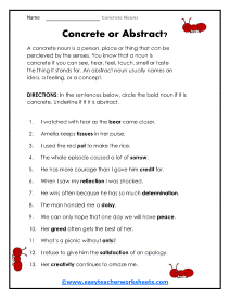 Concrete and Abstract Nouns Coloring Worksheet for 5th - 7th Grade ...