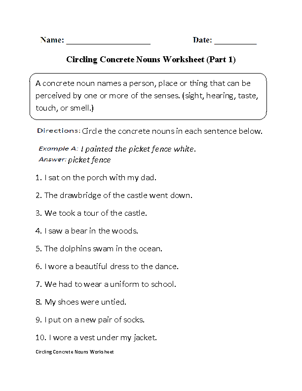 Nouns Worksheets | Concrete Nouns Worksheets
