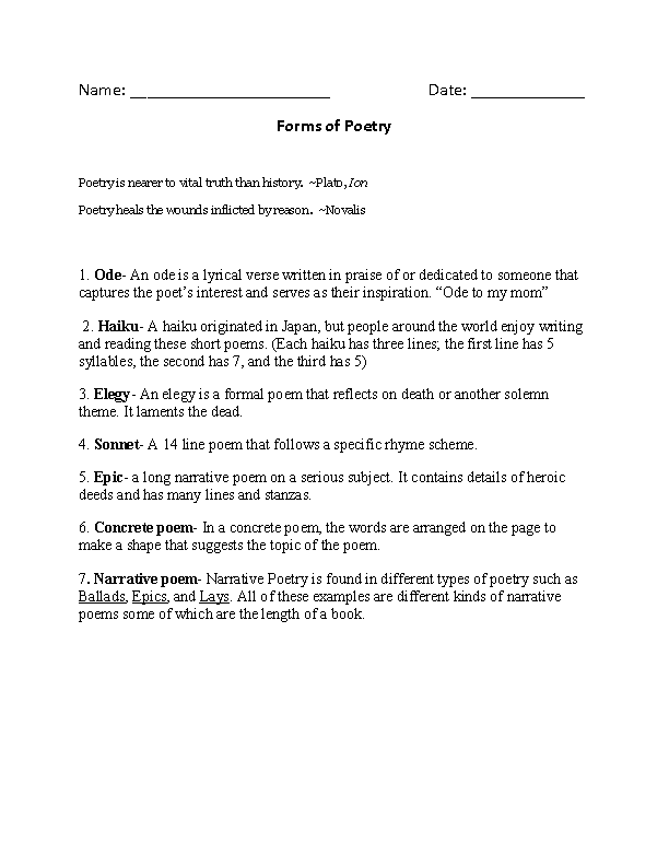 Poetry Worksheets | Forms of Poetry Worksheet