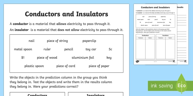 Conductors and Insulators Worksheet / Worksheet - Twinkl