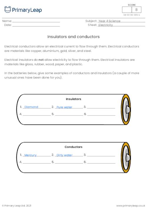 Science: Insulators and conductors | Worksheet | PrimaryLeap.co.uk