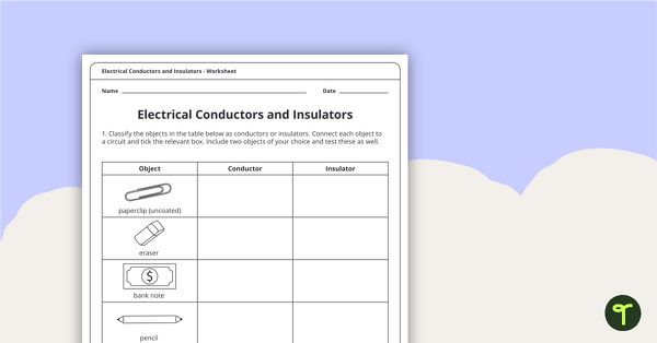 Electrical Conductors and Insulators Worksheet | Teach Starter
