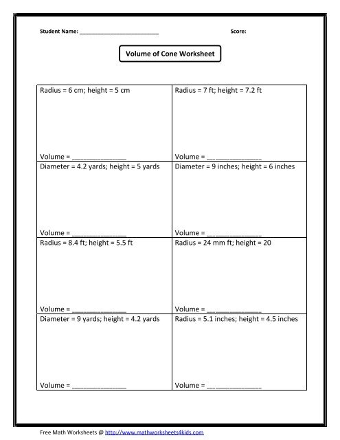 Volume of Cone Worksheet - Math Worksheets For Kids