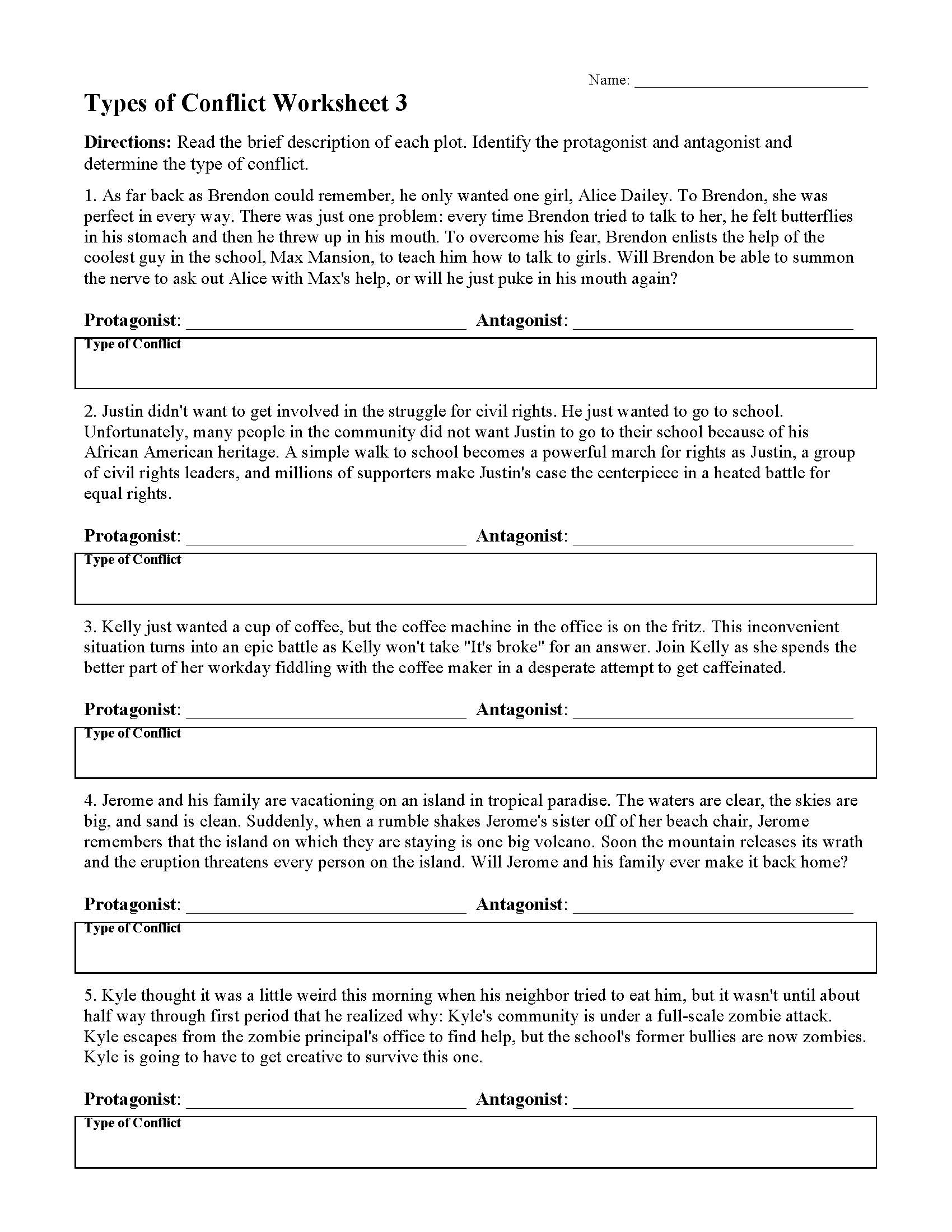 Types of Conflict Worksheets  