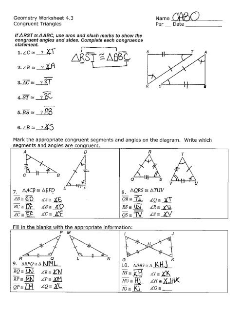 Geometry Worksheet 4.3 Congruent Triangles Name