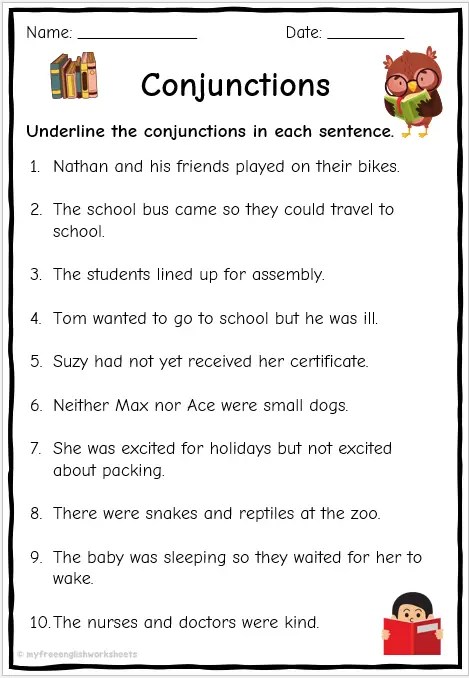 Identifying Conjunctions Worksheets | Free English Worksheets