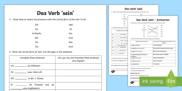 Verb To Be Conjugation Worksheet / Worksheet German